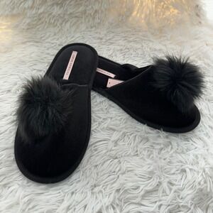 Victoria's Secret Black‎ Velvet Fuzzy Pom Pom Slippers Slide Comfy NEW Small 5-6